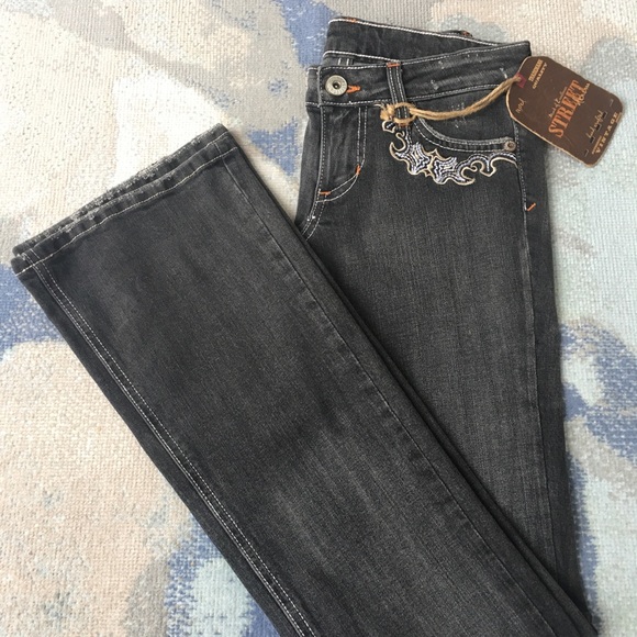 *Flared* Vintage Boho NWT Street Denim Embroidered Faded Black/Grey Wash - Picture 1 of 7